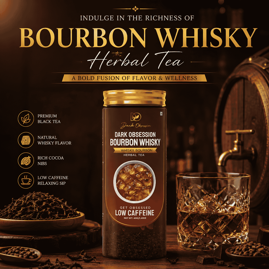Premium Bourbon Whisky Tea by Dark Obsession with Black Tea, Natural Whisky Flavor, and Cocoa Nibs from leading tea suppliers in India
